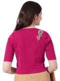 Women Stretchable Rib Square Neck Puff Sleeve Blouse Back Print U0248 Rani Pink