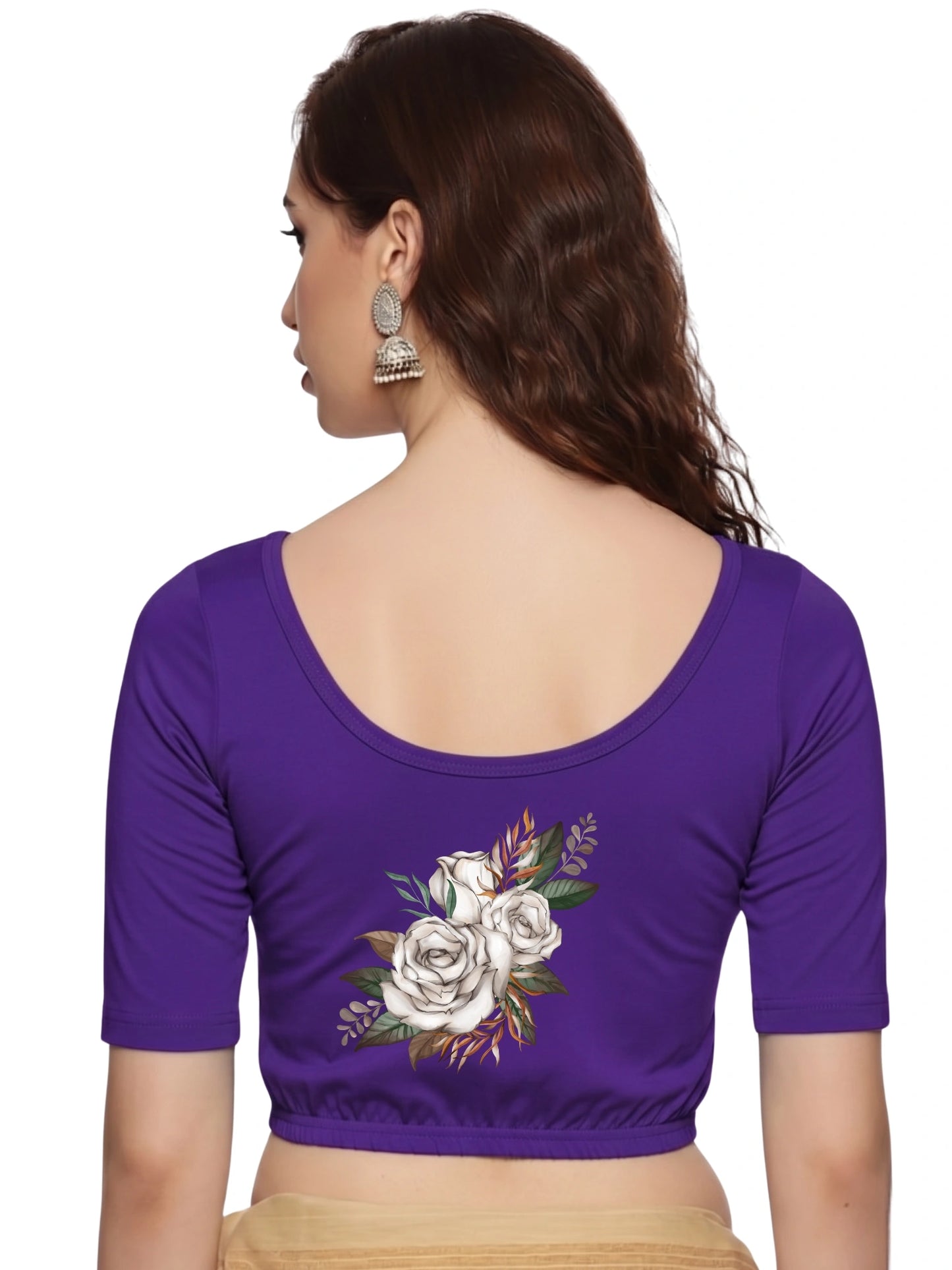 Women Back Printed Stretchable Half Sleeve Blouse U049 Purple