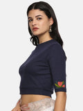 Women Back Printed Stretchable Elbow Sleeve RIB Blouse U0115 Navy