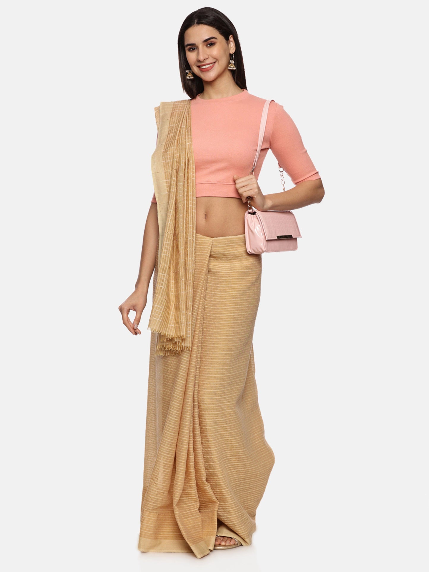 Women Plain Stretchable Elbow Sleeve RIB Blouse U0121 Peach