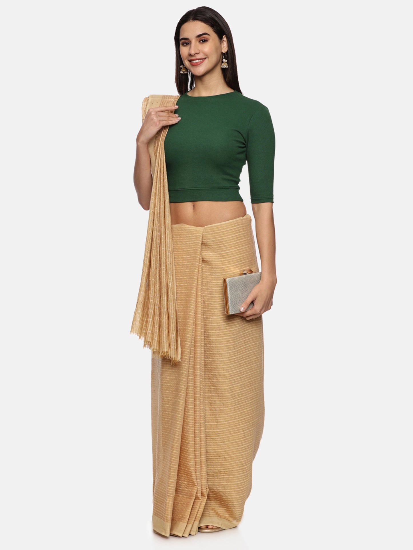 Women Plain Stretchable Elbow Sleeve RIB Blouse U0121 Bottle Green