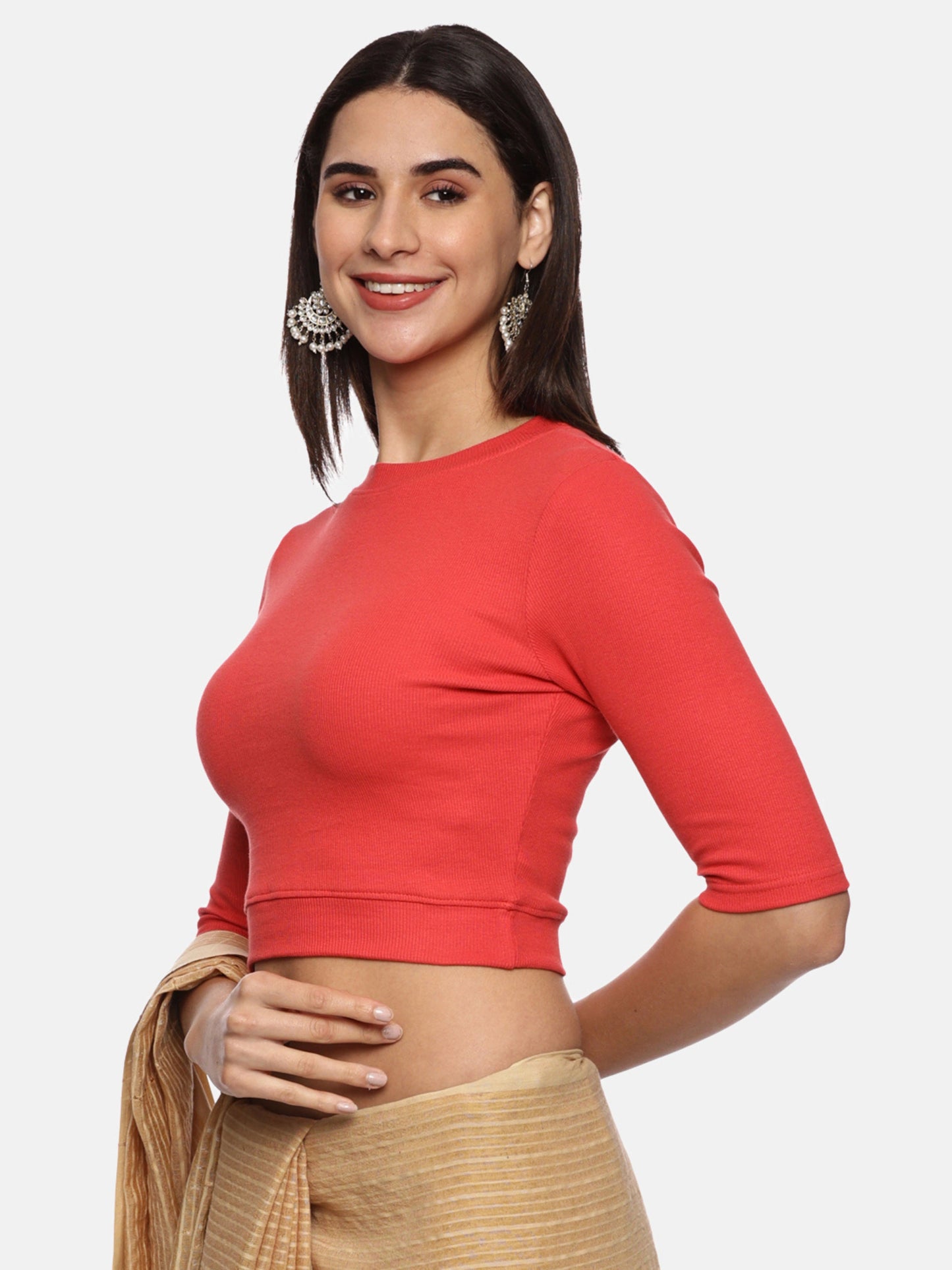 Women Back Printed Stretchable Elbow Sleeve RIB Blouse U0168 Coral