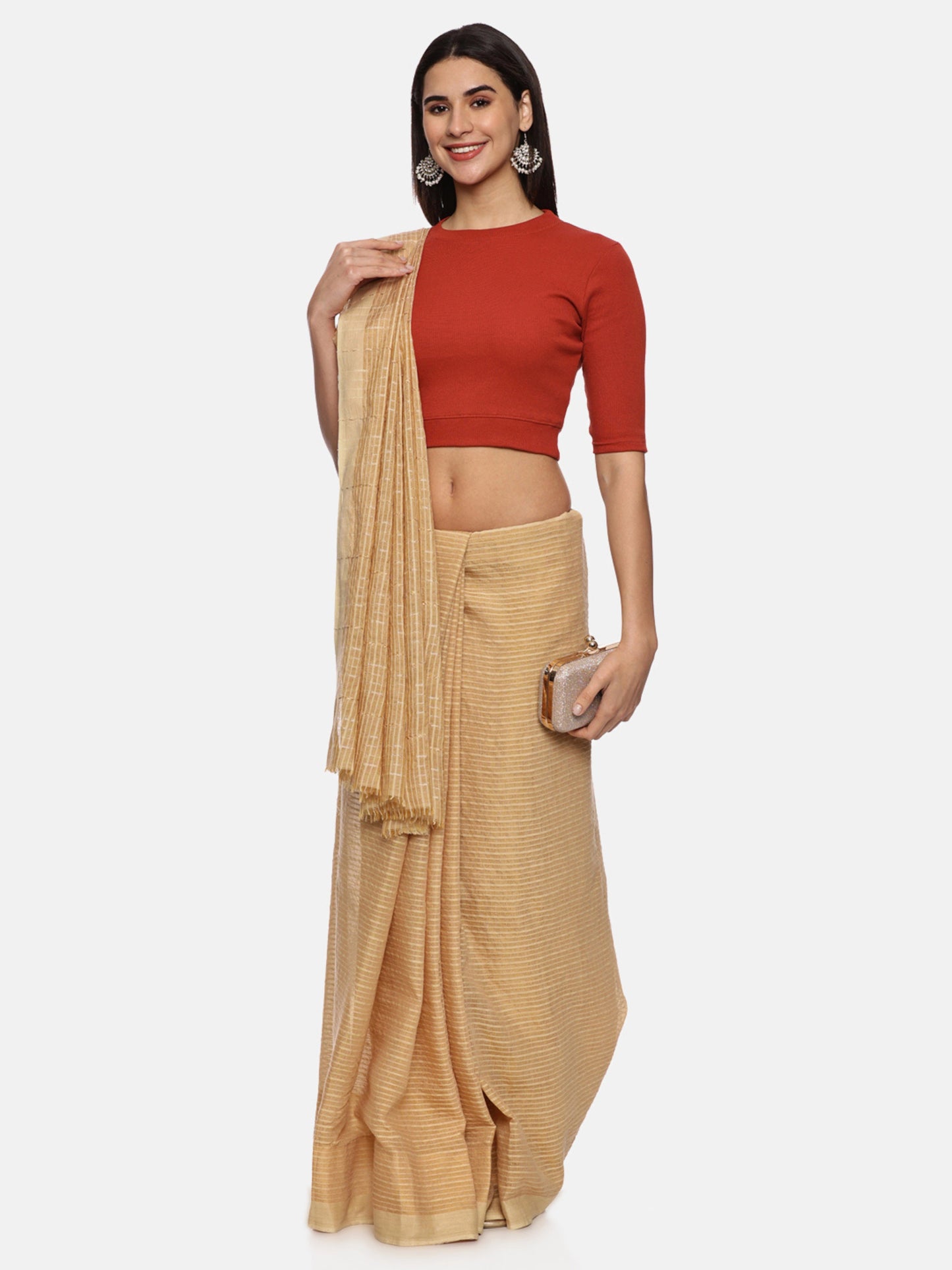 Women Plain Stretchable Elbow Sleeve RIB Blouse U0121 Rust