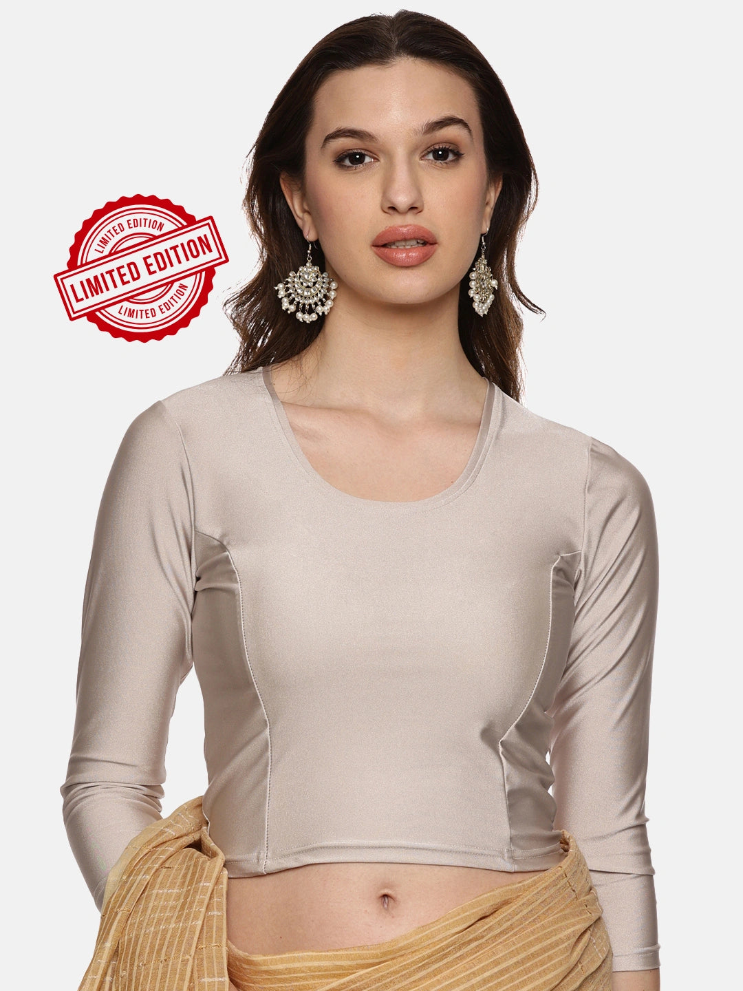 Women Shimmer Three Fourth Sleeve Plain Stretchable Saree Blouse  Us0302