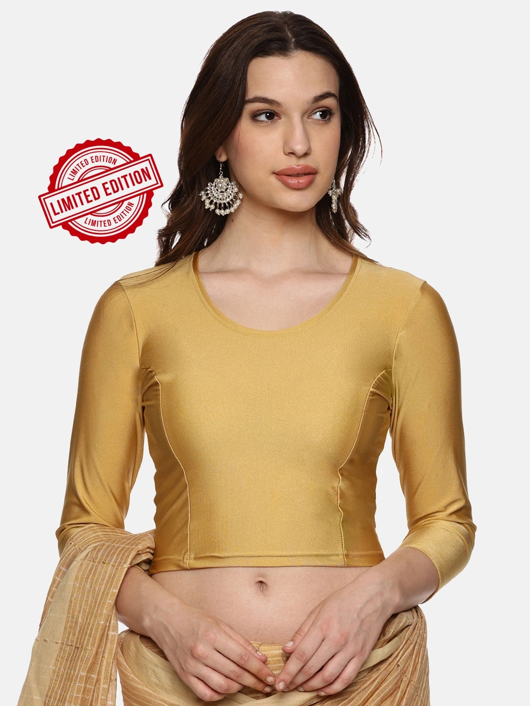 Women Shimmer Three Fourth Sleeve Plain Stretchable Saree Blouse  Us0302