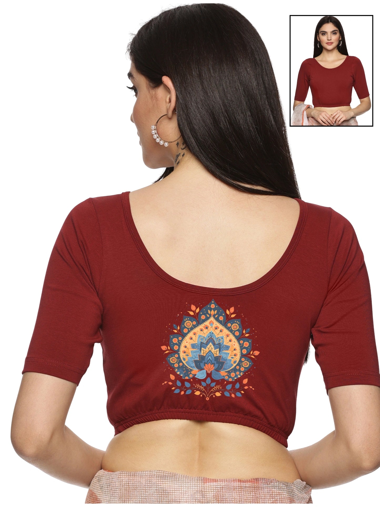 Women Back Printed Stretchable Half Sleeve Blouse  U0134 Maroon