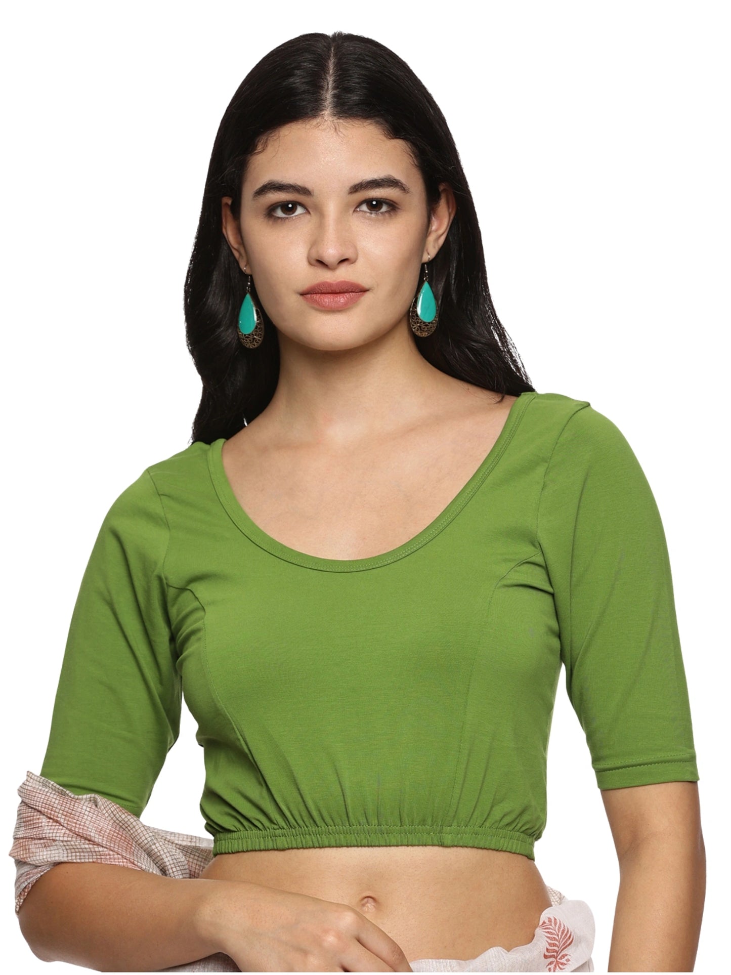 Women Back Printed Stretchable  Half Sleeve Blouse U083 Mehndi Green