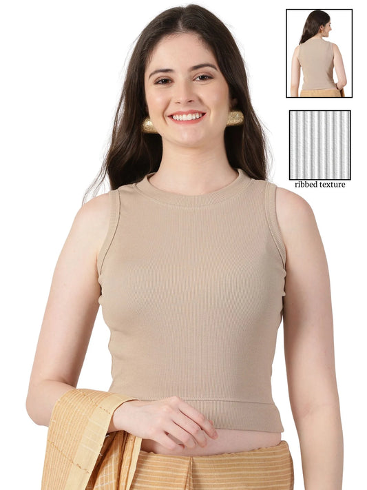 Women Plain Stretchable Sleeveless Close Neck RIB Blouse U0241 Chikoo
