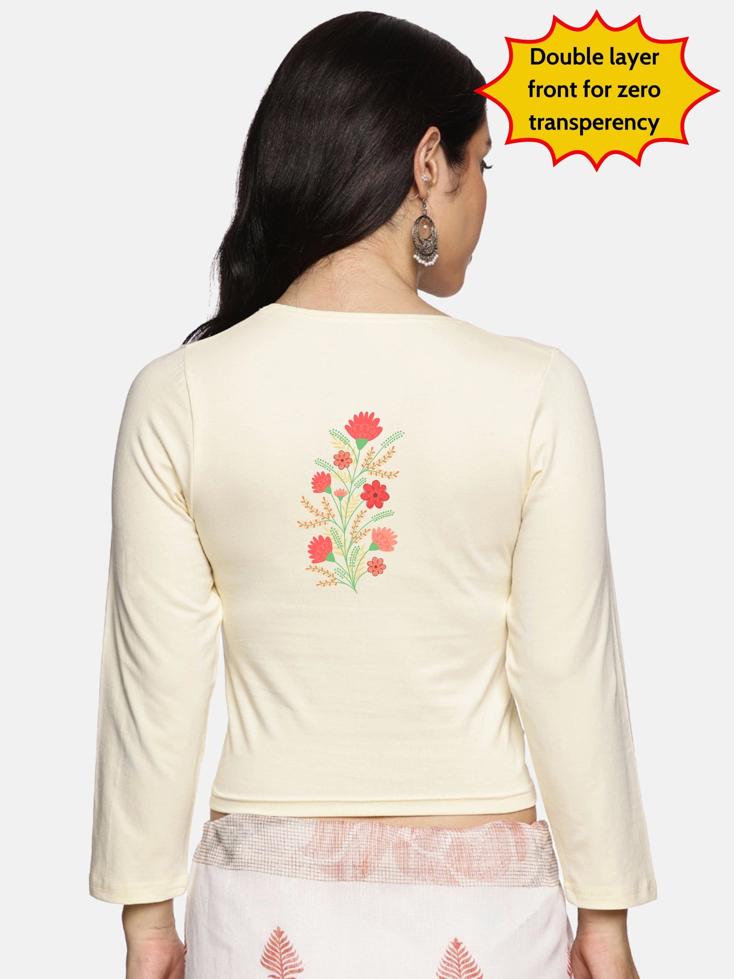Women Three Fourth Sleeve Back Print Stretchable Blouse U0182 Cream