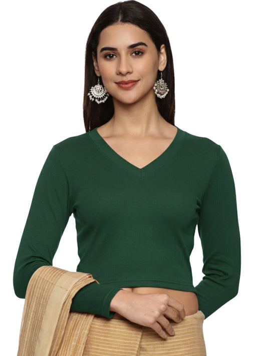 Women Plain Stretchable Full Sleeve V Neck RIB Blouse U0191 Bottle Green