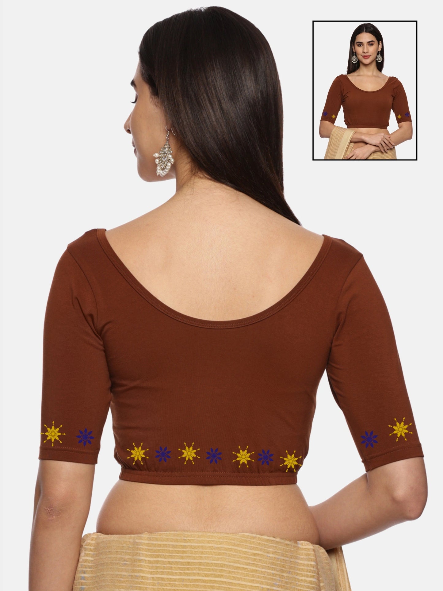 Women Back Printed Stretchable Half Sleeve Blouse U0193 Honey Brown