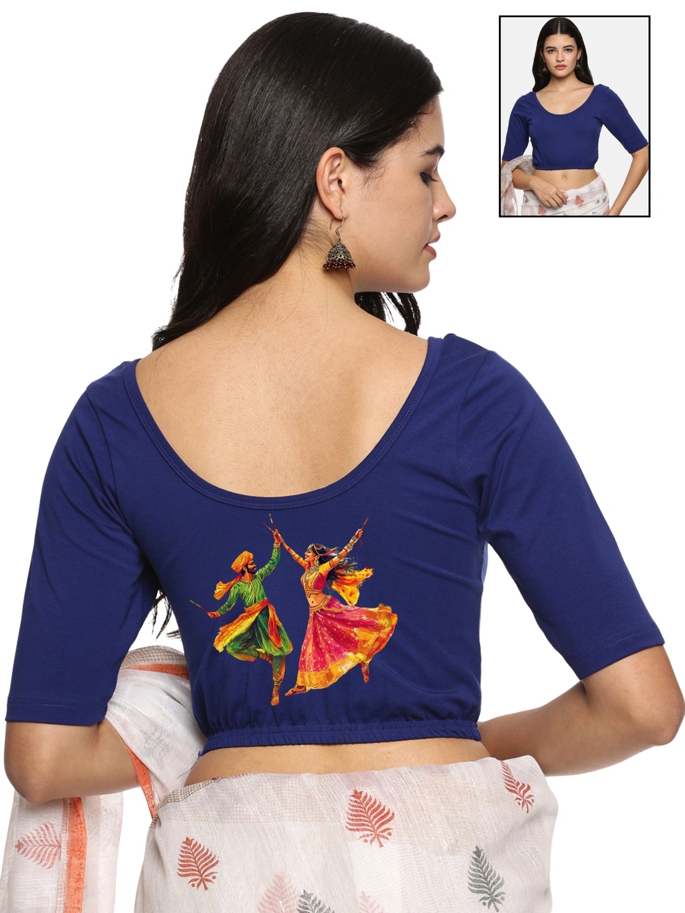 Women Back Printed Stretchable Half Sleeve Blouse U086 Royal Blue