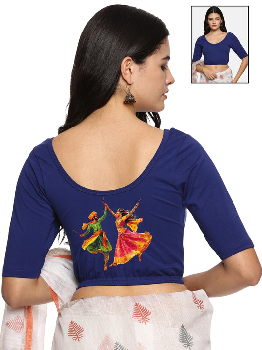 Women Back Printed Stretchable Half Sleeve Blouse U086 Royal Blue