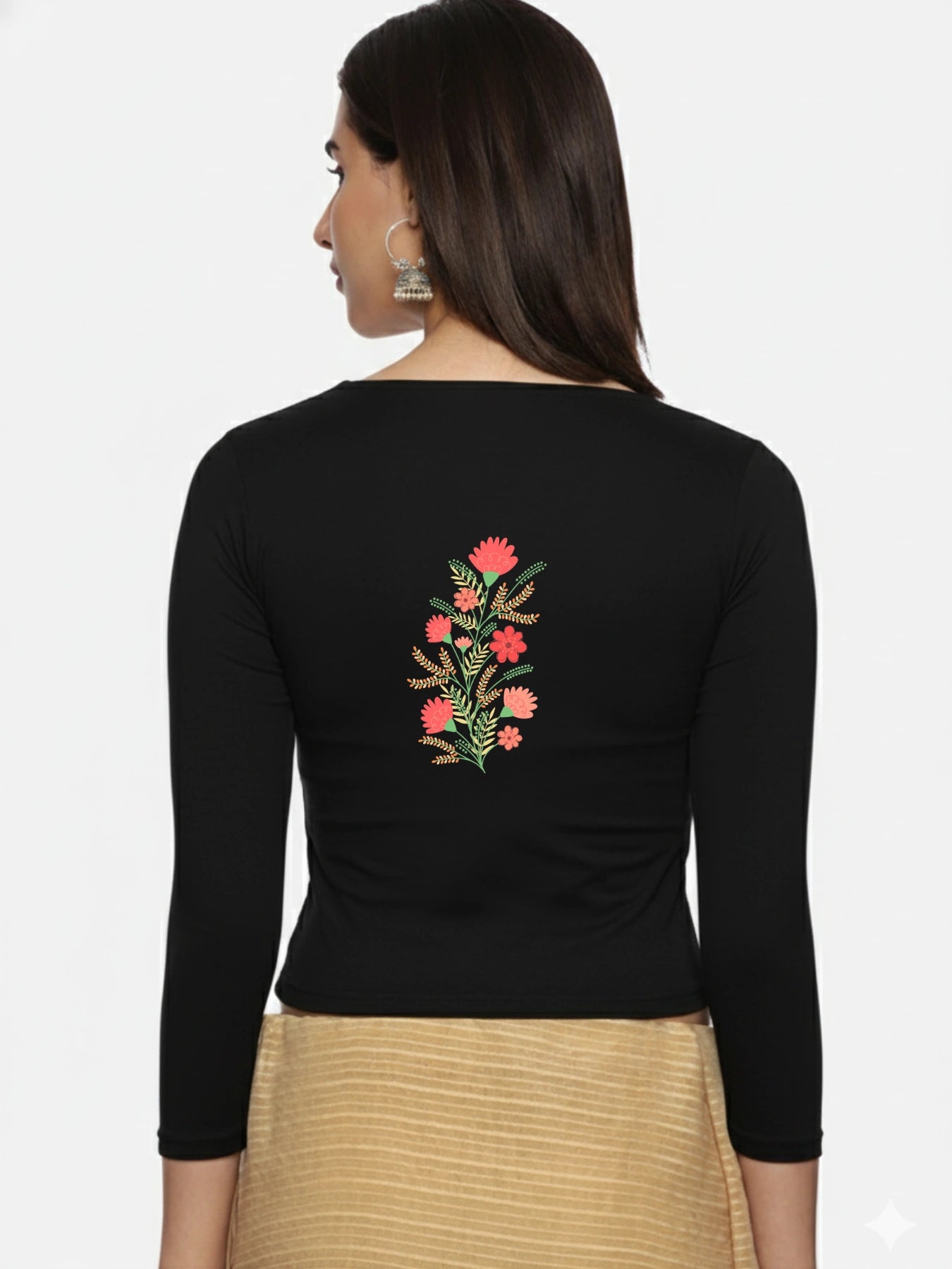 Women Three Fourth Sleeve Back Print Stretchable Blouse U0182 Black