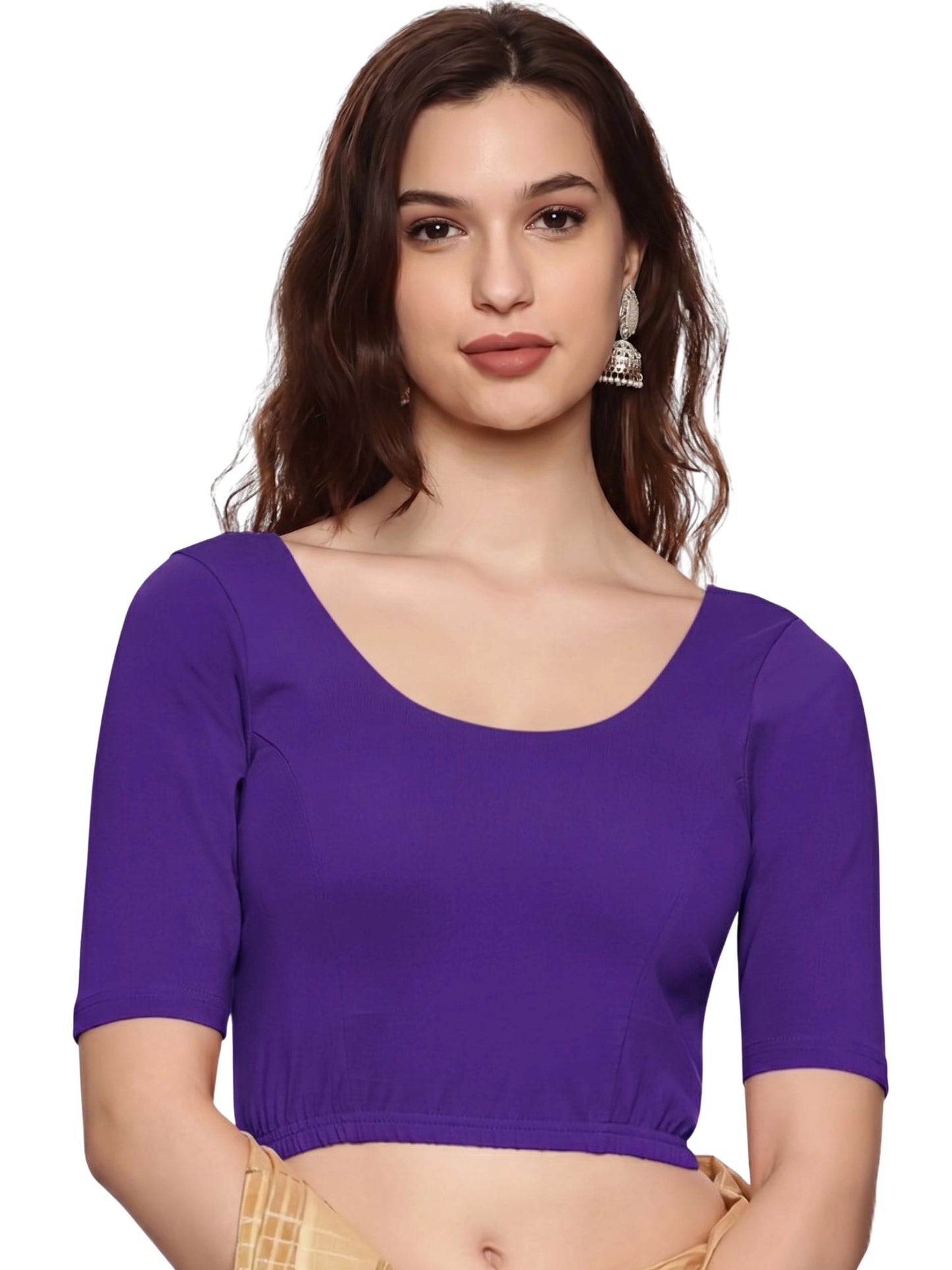 Women Plain Stretchable Half Sleeve Blouse U01A Purple