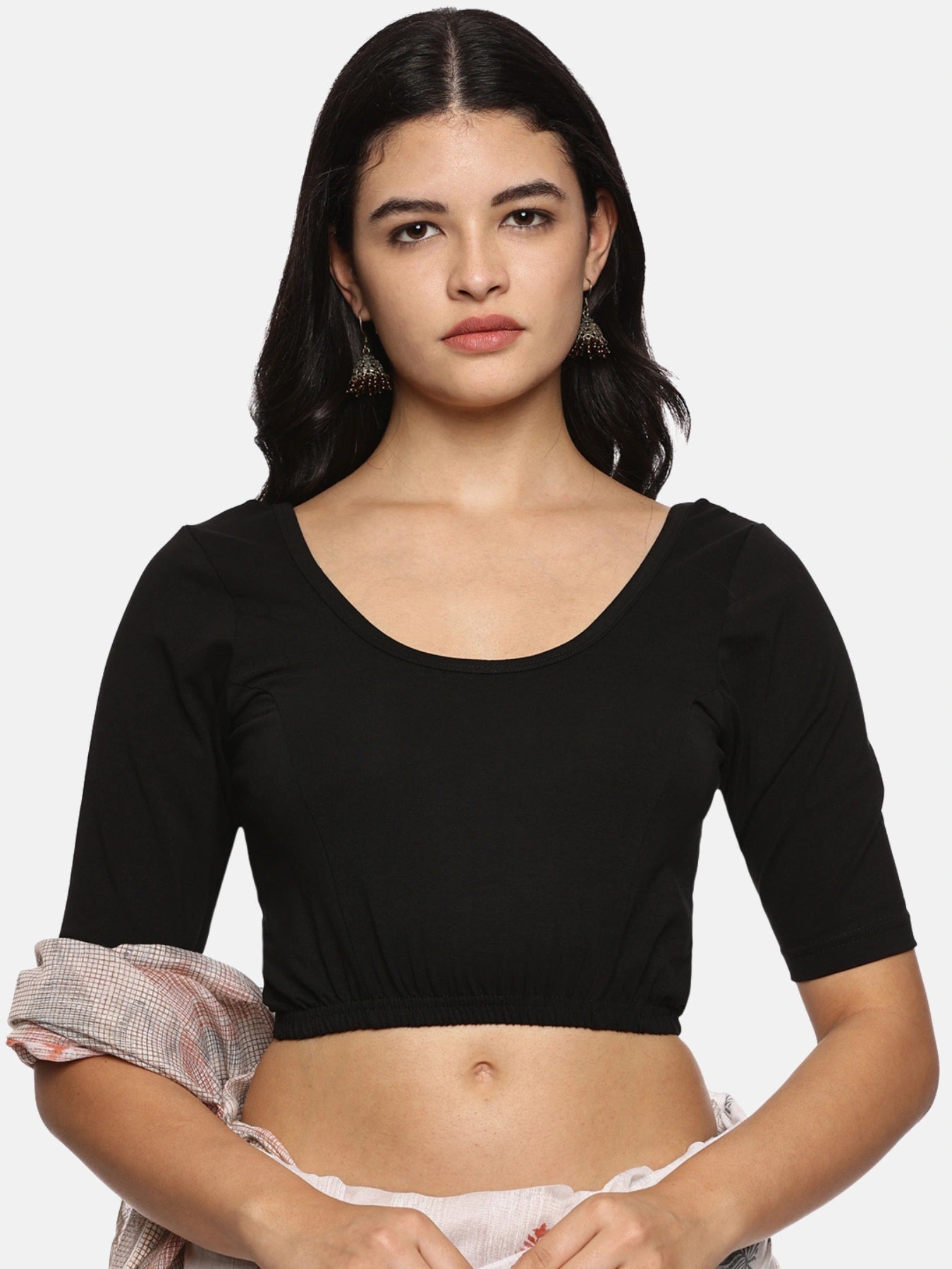 Women Back Printed Stretchable Half Sleeve Blouse U0140 Black