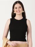 Women Plain Stretchable Sleeveless Close Neck RIB Blouse U0241 Black
