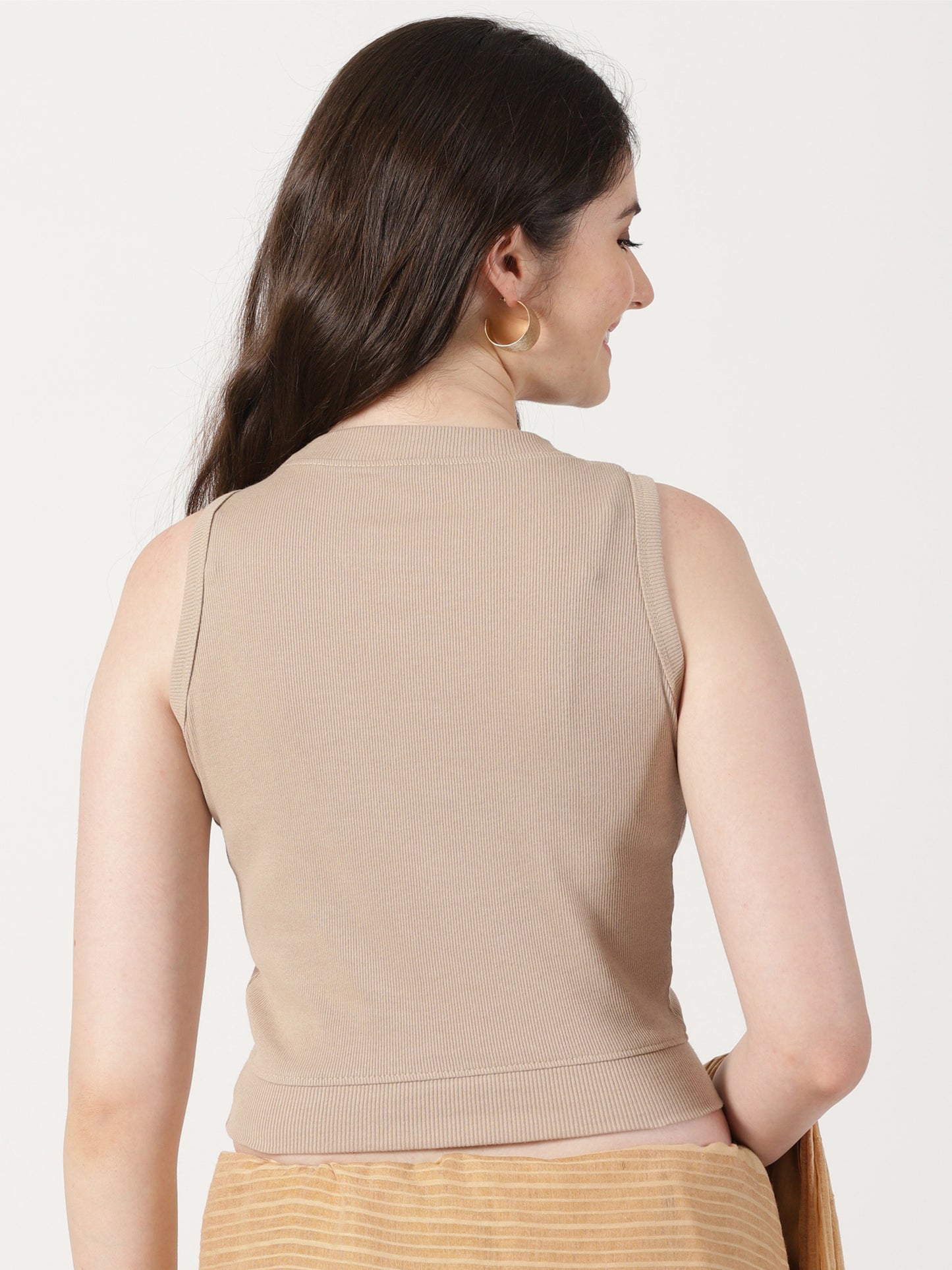 Women Plain Stretchable Sleeveless Close Neck RIB Blouse U0241 Chikoo