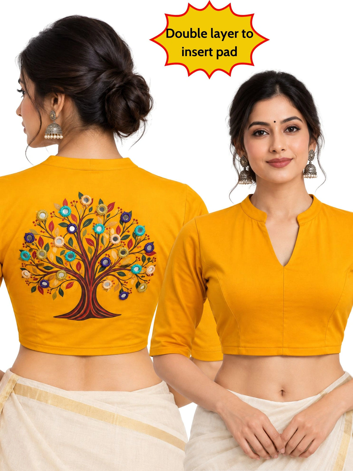 DIY Embroidery Kit with Women Mandarin Collar Back Printed Stretchable Elbow Sleeve Blouse E014 – Golden Yellow