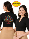 DIY Embroidery Kit with Women Mandarin Collar Back Printed Stretchable Elbow Sleeve Blouse E014 – Black