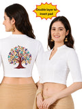 DIY Embroidery Kit with Women Mandarin Collar Back Printed Stretchable Elbow Sleeve Blouse E014 – White