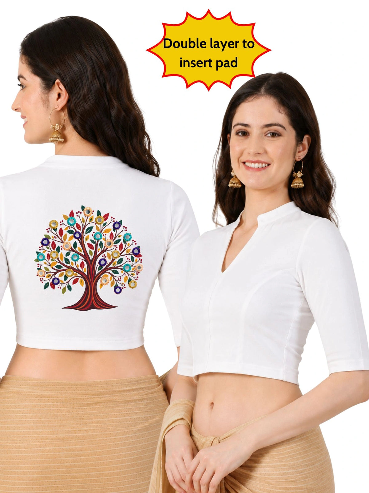 DIY Embroidery Kit with Women Mandarin Collar Back Printed Stretchable Elbow Sleeve Blouse E014 – White