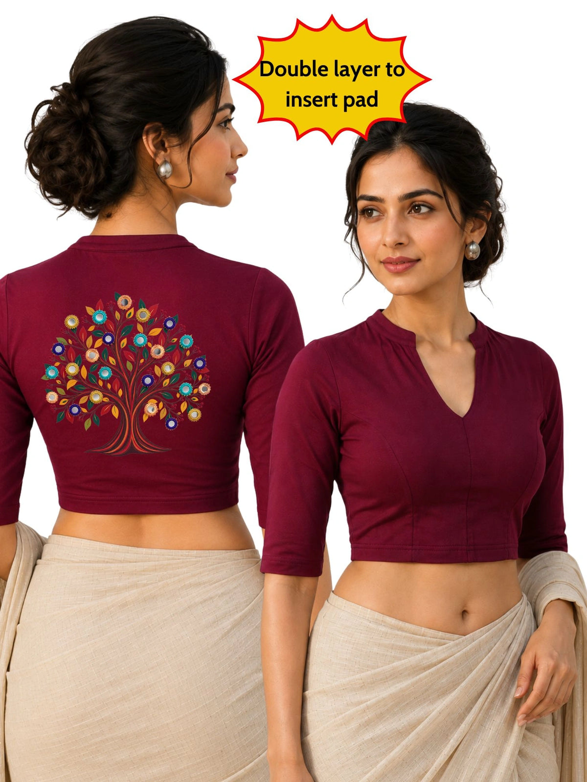 DIY Embroidery Kit with Women Mandarin Collar Back Printed Stretchable Elbow Sleeve Blouse E014 – Maroon