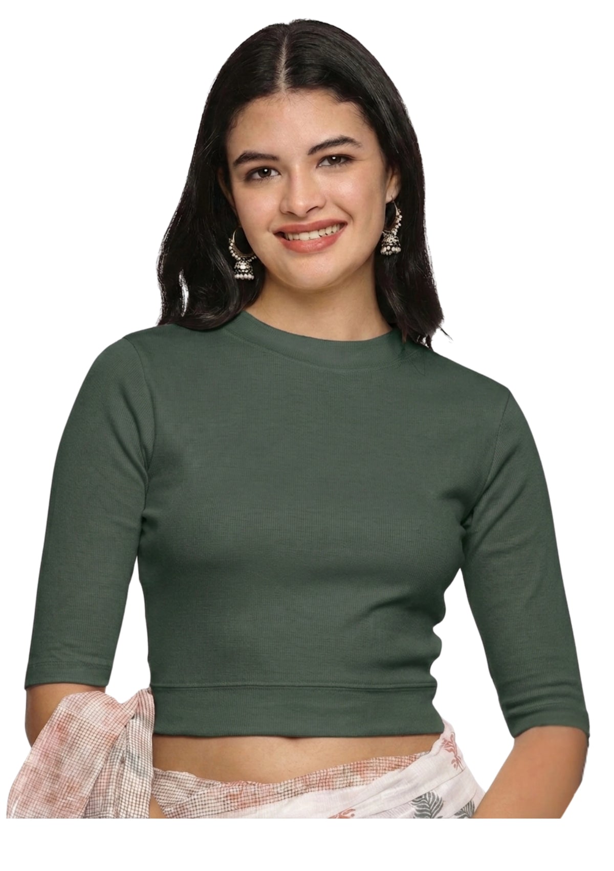 Women Back Printed Stretchable Elbow Sleeve RIB Blouse U0253 Khaki Green