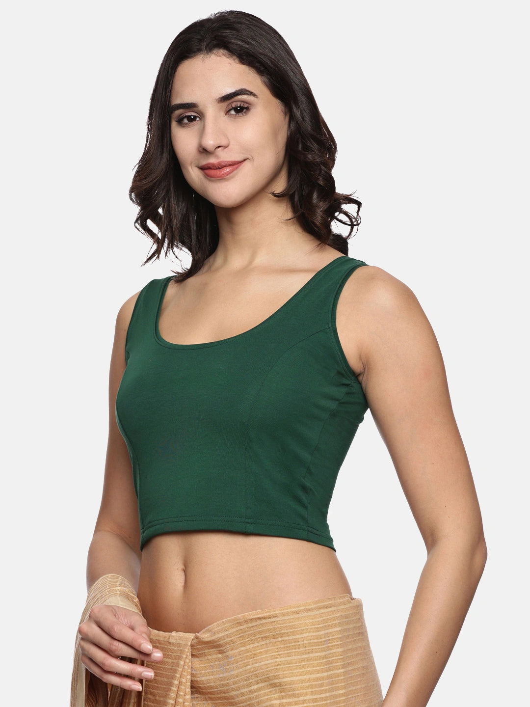 Women Sleevless Back Printed Stretchable  Blouse U0205 Bottle Green
