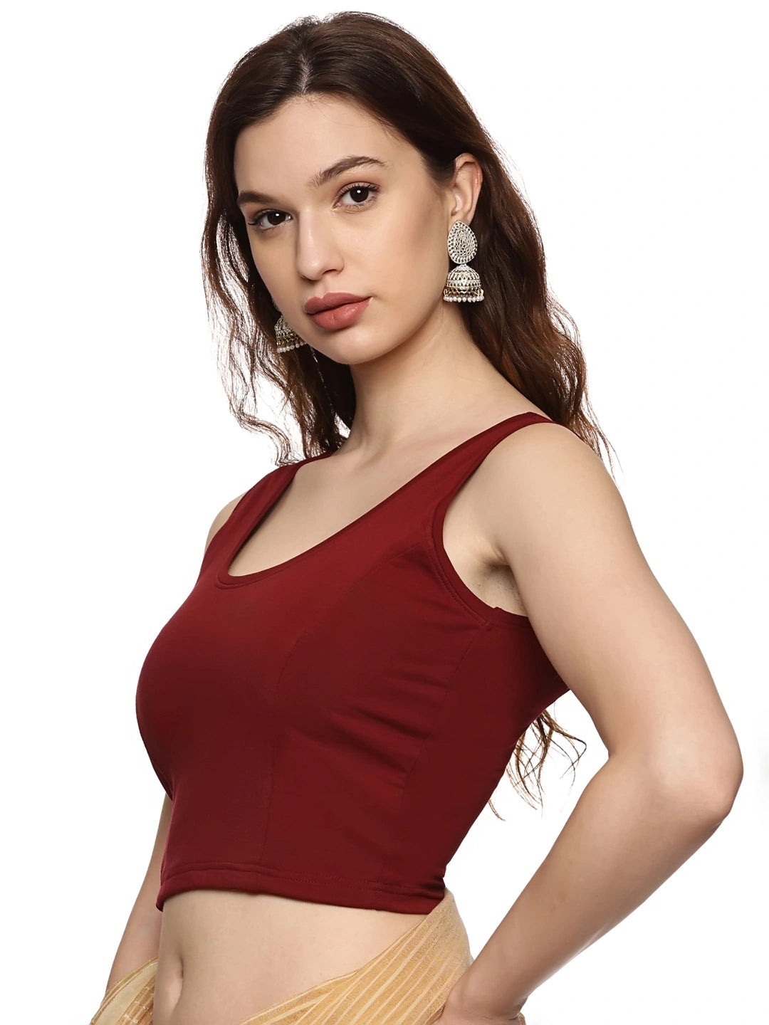 Women Sleeveless Back Printed Stretchable  Blouse U0202 Maroon