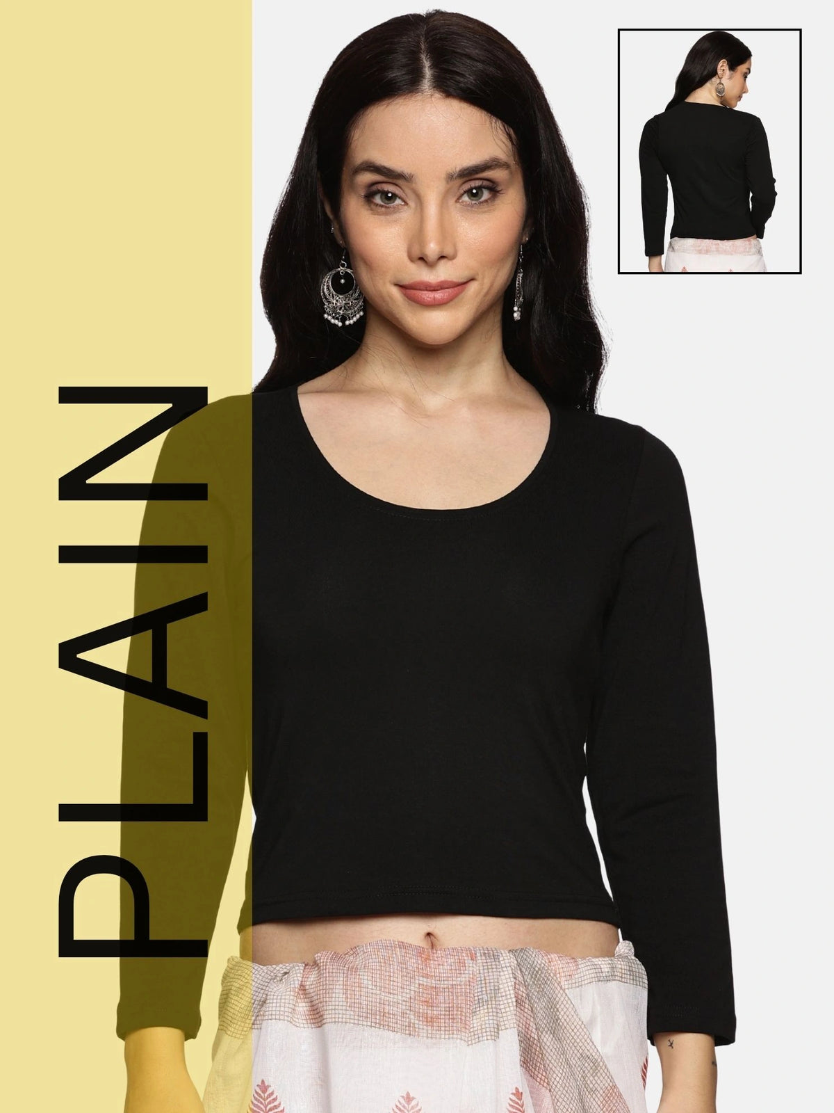 Women Three Fourth Sleeve Plain Stretchable Blouse U0101 Black