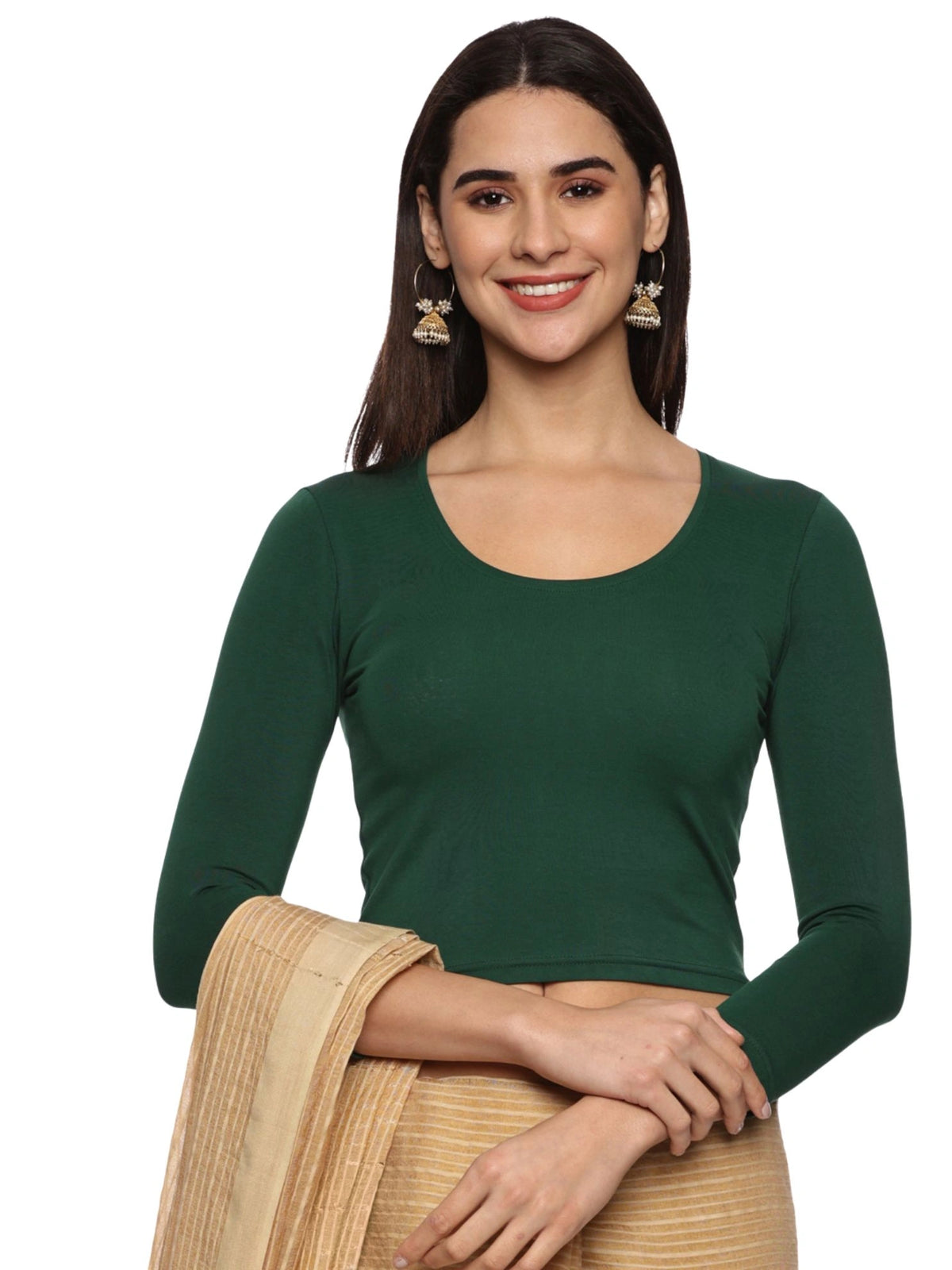 Women Three Fourth Sleeve Plain Stretchable Blouse U0101 Bottle Green