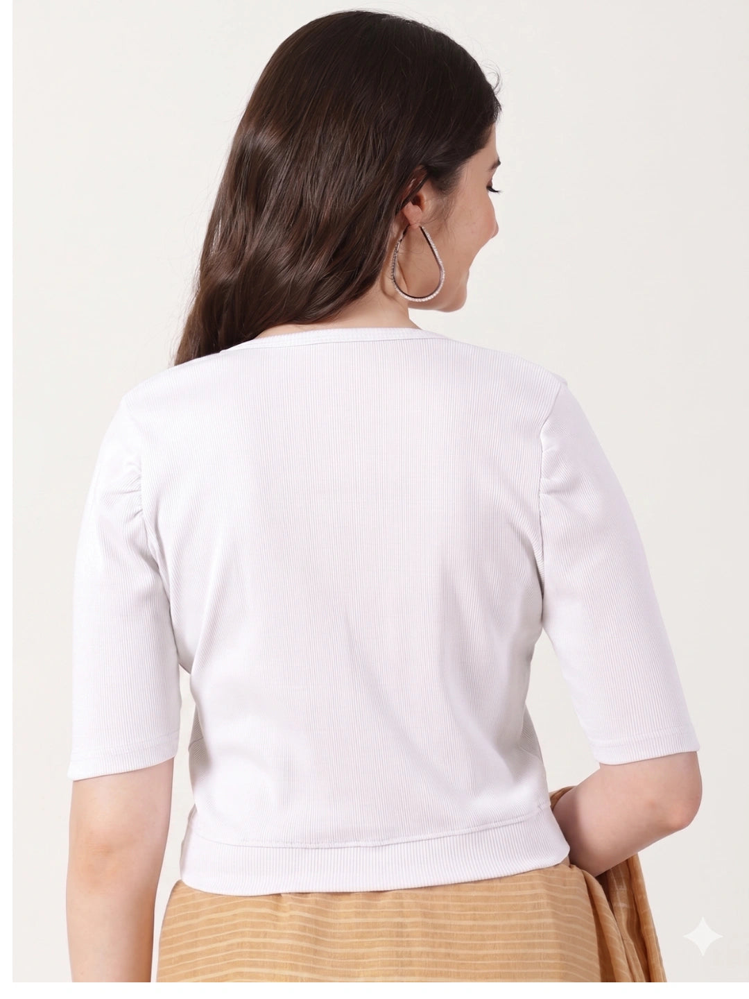 Women Plain Stretchable Rib Square Neck Puff Sleeve Blouse U0251 White