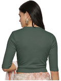 Women Plain Stretchable Elbow Sleeve RIB Blouse U0121 Khaki Green