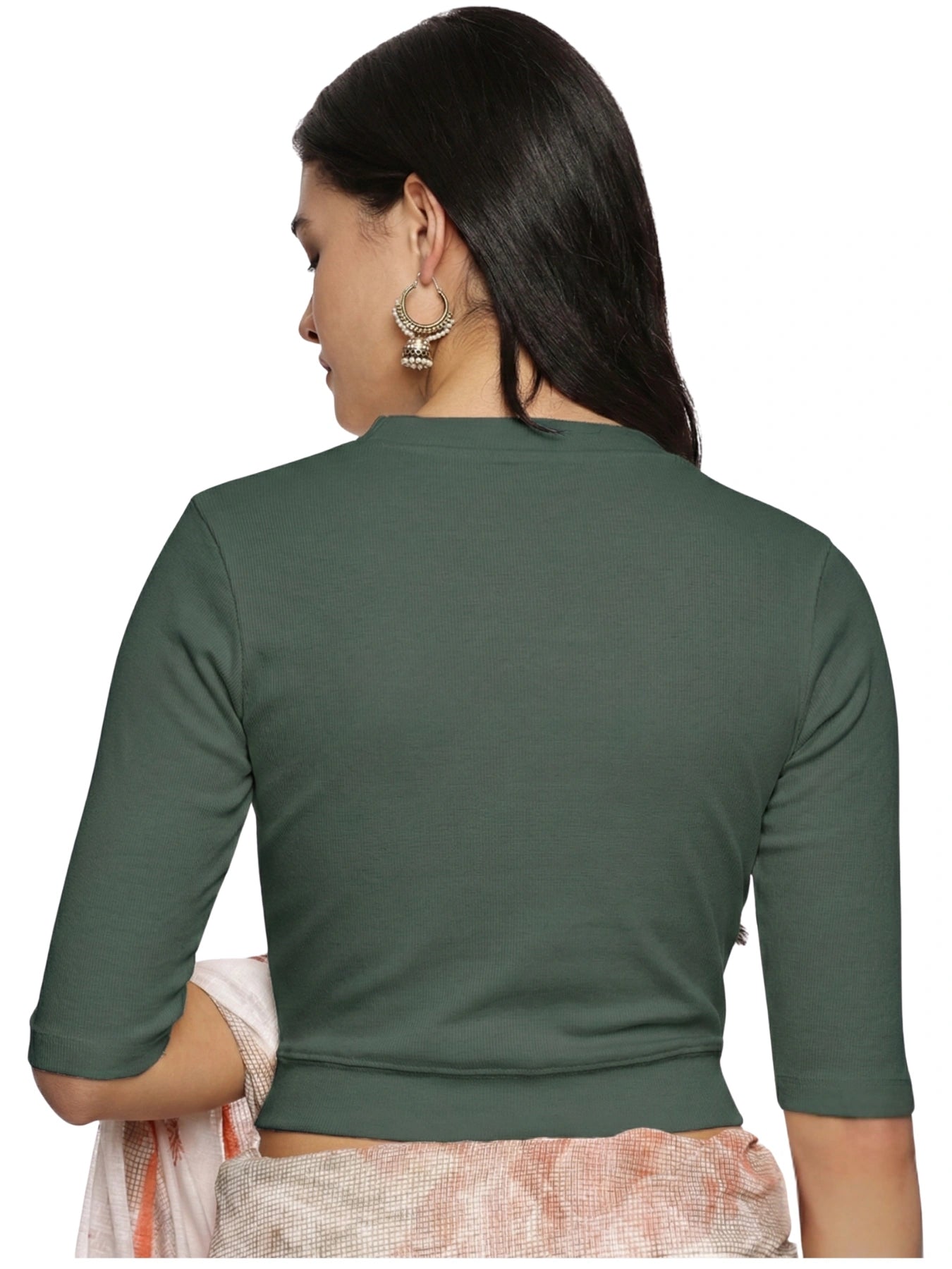 Women Plain Stretchable Elbow Sleeve RIB Blouse U0121 Khaki Green