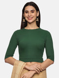 Women Plain Stretchable Elbow Sleeve RIB Blouse U0121 Bottle Green