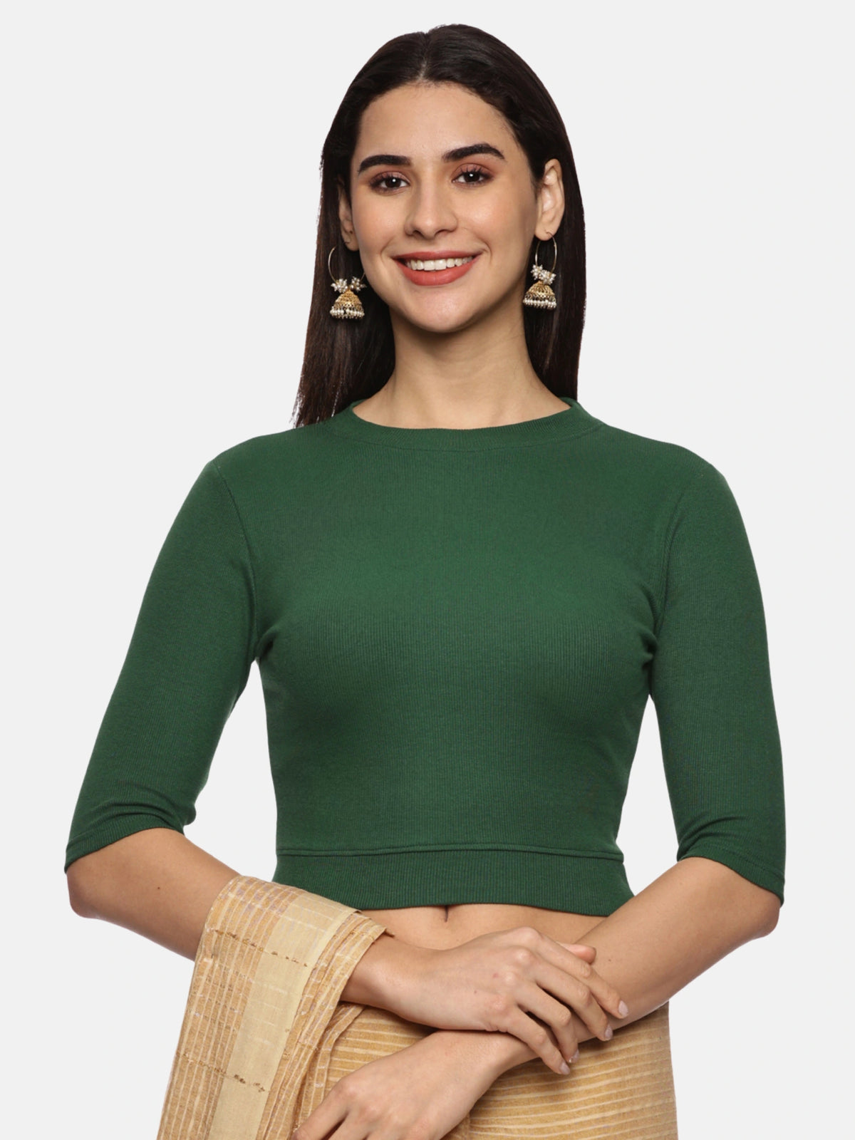 Women Plain Stretchable Elbow Sleeve RIB Blouse U0121 Bottle Green