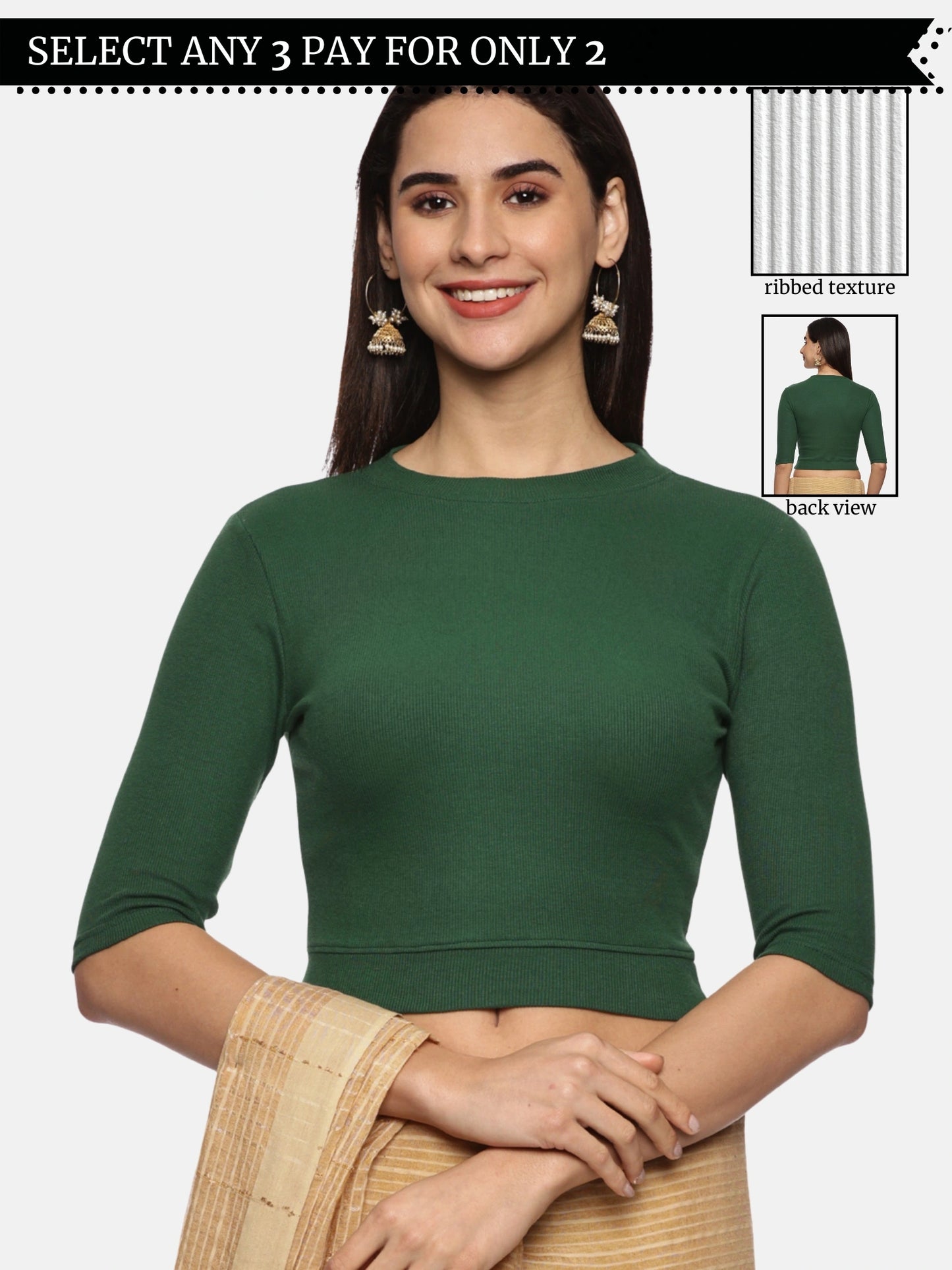 Women Plain Stretchable Elbow Sleeve RIB Blouse U0121 Bottle Green