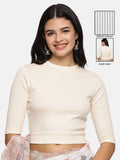 Women Plain Stretchable Elbow Sleeve RIB Blouse U0121 Cream