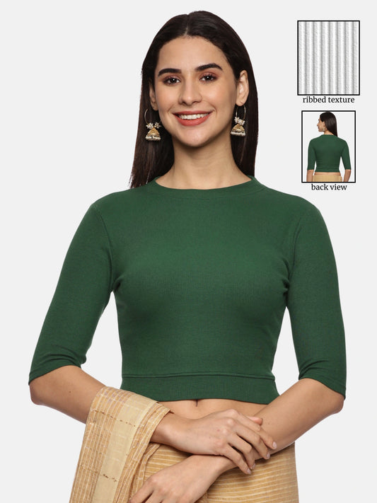 Women Plain Stretchable Elbow Sleeve RIB Blouse U0121 Bottle Green
