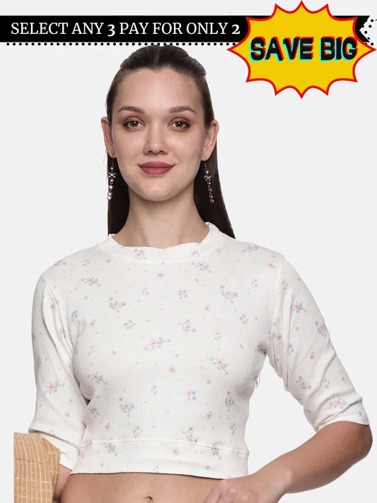 Women Allover Printed Stretchable Elbow Sleeve RIB Blouse UA017 - notyetbyus