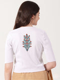 Women Stretchable Rib Square Neck Puff Sleeve Blouse Back Print U0242 White
