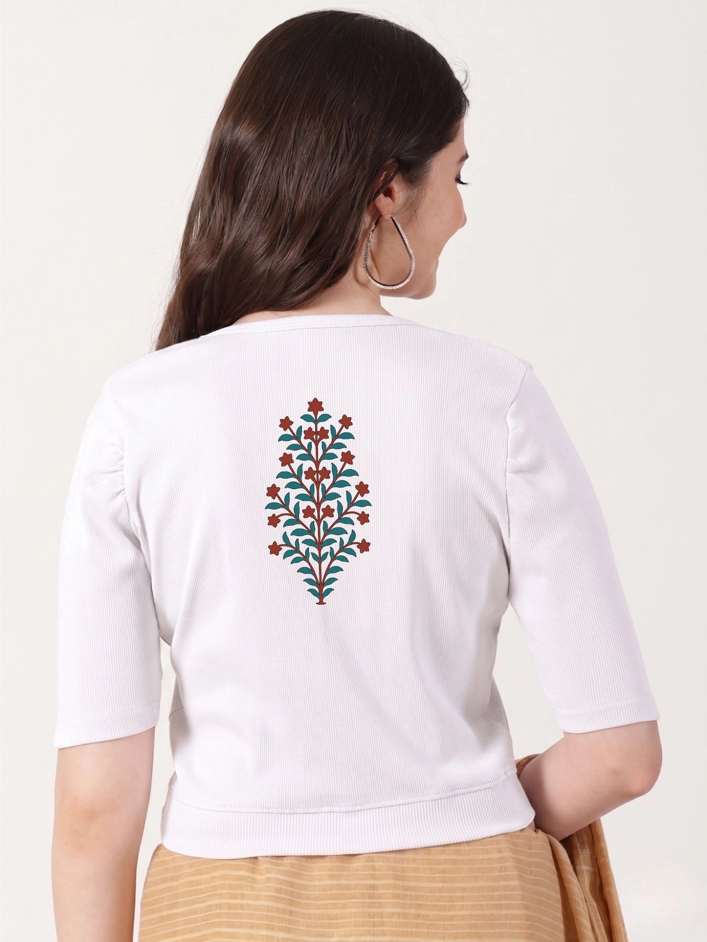 Women Stretchable Rib Square Neck Puff Sleeve Blouse Back Print U0242 White