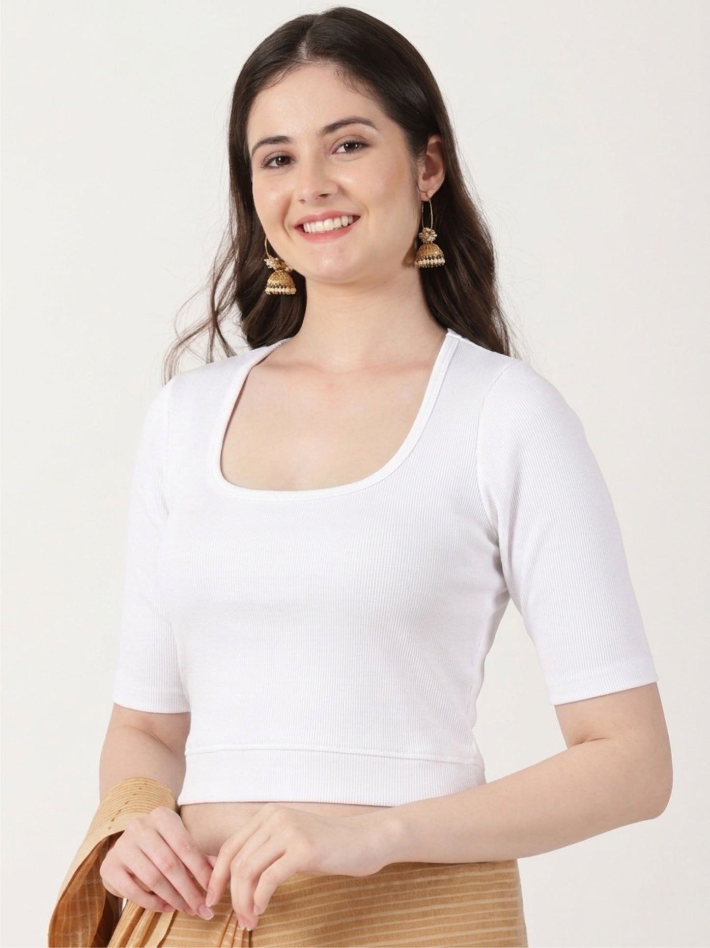 Women Stretchable Rib Square Neck Puff Sleeve Blouse Back Print U0242 White