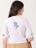 Women Stretchable Rib Square Neck Puff Sleeve Blouse Back Print U0246  White