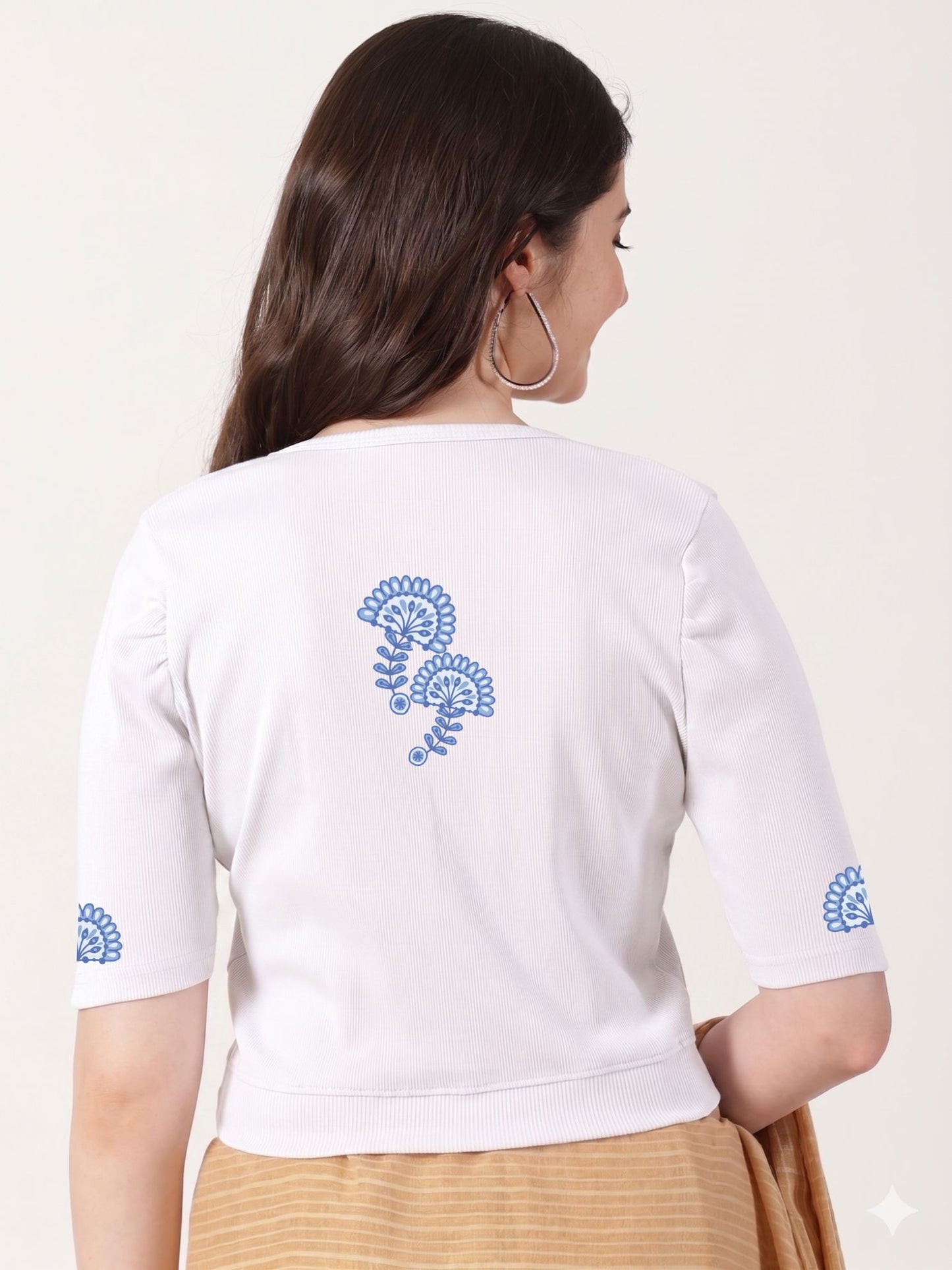 Women Stretchable Rib Square Neck Puff Sleeve Blouse Back Print U0246  White