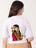 Women Stretchable Rib Square Neck Puff Sleeve Blouse Back Print U0243 White