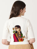 Women Stretchable Rib Square Neck Puff Sleeve Blouse Back Print U0243 Cream