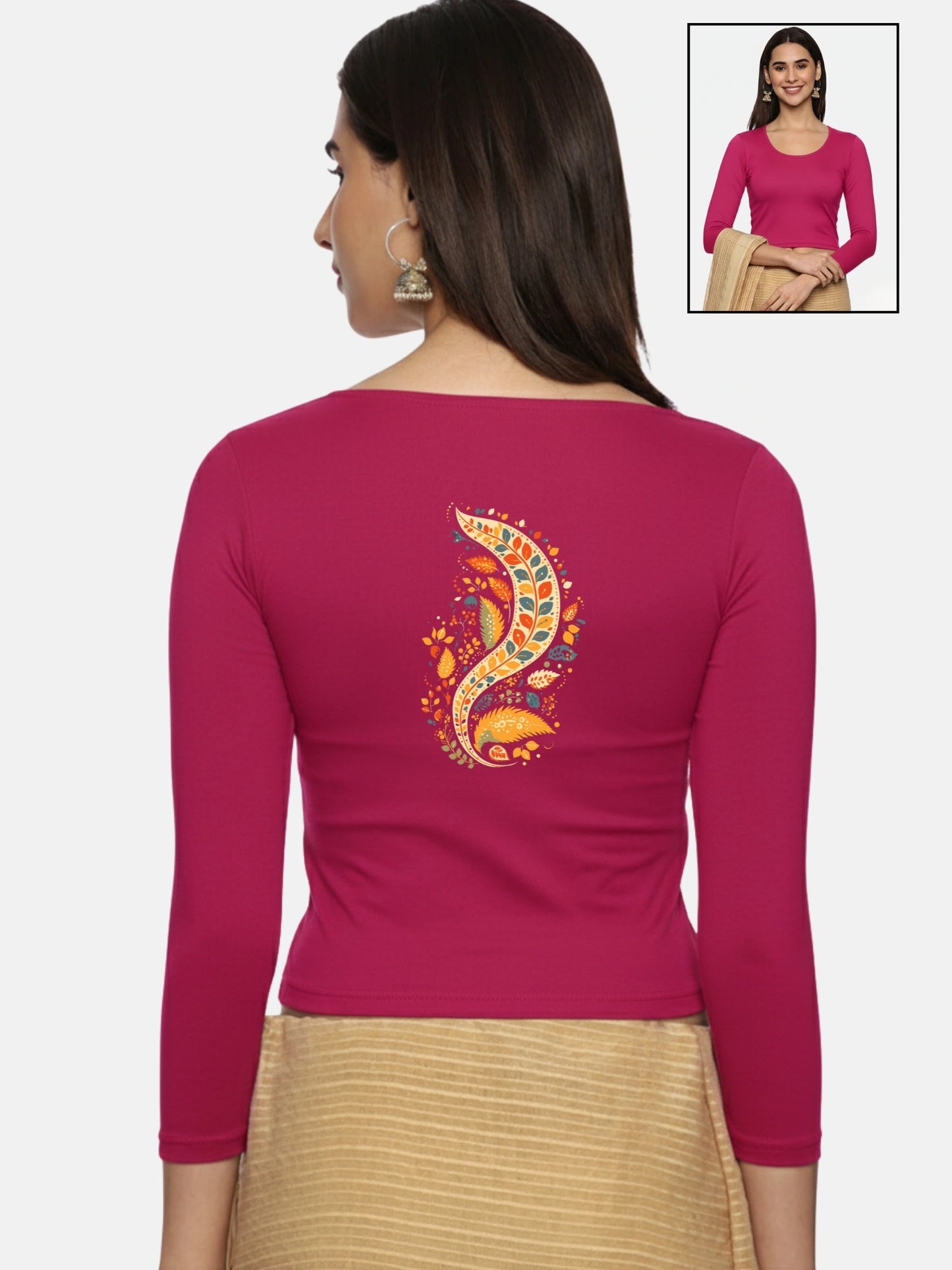 Women Three Fourth Sleeve Back Print Stretchable Blouse U0102 Rani Pink