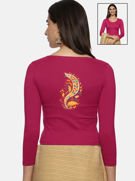 Women Three Fourth Sleeve Back Print Stretchable Blouse U0102 Rani Pink